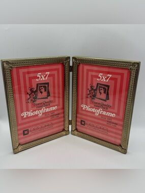Vintage Decorel Gold Tone Hinged Double Picture Frame 5x7 Folding Easel Frame